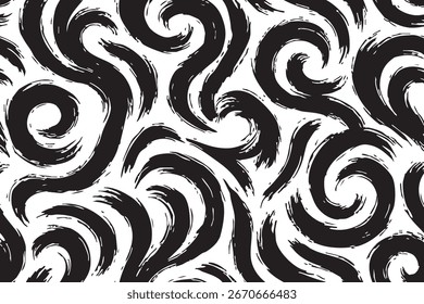 Seamless Dynamic black swirls in brush stroke style on white, forming a bold and artistic pattern.