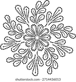Nahtlose dynamische gepunktete florale Mandala-Vektorgrafik der zentralen Blume mit peripheren wirbelnden Zweigen von Blättern und Bündel von Blütenblättern, handgezeichnete geometrische florale Stickerei Design-Element