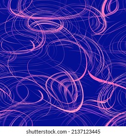 Seamless dynamic pattern with intersecting grunge wavy oval elements in pink color on blue background 