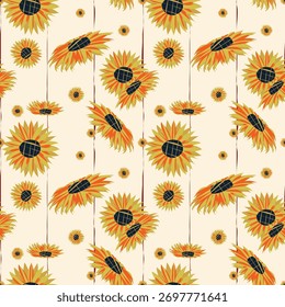 Seamless Dynamic Sunflower Graphic Pattern, Organic Striped Summer Textile Background.