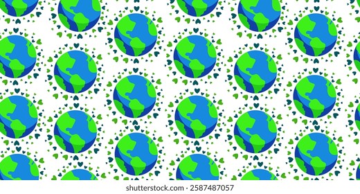 Seamless Earth pattern with hearts for world environment day or earth day. Minimal flat scribble drawing illustration isolated on white background for web, banner cards