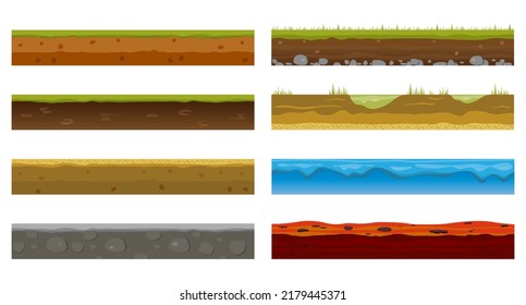 Seamless Earth Surface. Green grass land landscape, sandy desert and sea water beach. Soil layers texture for game level design, isolated cartoon vector fabric set