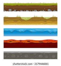 Seamless Earth Surface. Green grass land landscape, sandy desert and sea water beach. Soil layers texture for game level design, isolated cartoon vector fabric set