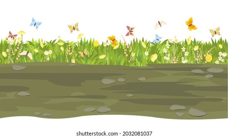 Nahtlose erdbewachsene Tonstraße. Horizontale Grenzzusammensetzung. Sommerwiese. Juckes Gras. Ländliche rustikale Landschaft. Cartoon-Design. Flaches Kunstillustration. Einzeln auf weißem Hintergrund. Vektorgrafik.
