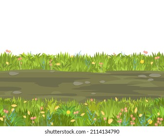 Seamless earthy clay road. Horizontal border composition. Summer meadow landscape. Juicy grass. Rural rustic scenery. Cartoon design. Flat style art illustration. Isolated on white background. Vector.