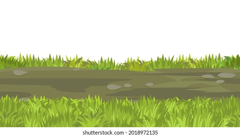 Seamless earthy road. Horizontal border composition. Summer meadow landscape. Juicy grass. Rural rustic scenery. Cartoon design. Flat style art illustration vector