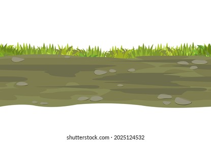 Seamless earthy road. Horizontal border composition. Summer meadow landscape. Juicy grass. Rural rustic scenery. Cartoon design. Flat style art illustration vector.