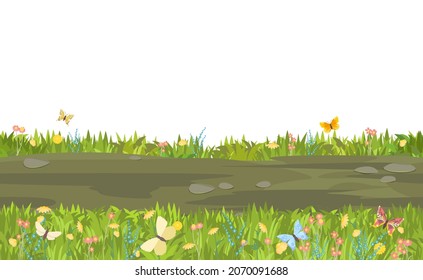 Seamless earthy road. Horizontal border composition. Summer meadow landscape. Juicy grass. Rural rustic scenery. Cartoon design. Flat style art illustration vector