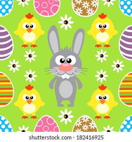 Seamless Easter  background card with rabbit and chicken