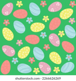 Fondo de Pascua sin Maravilla con coloridos huevos de Pascua, flores, sobre un fondo verde. Diseño para empaque, cubiertas, postales.