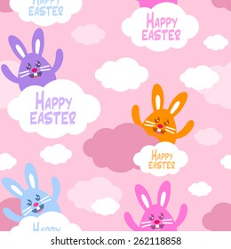 Seamless Easter background with cute colorful bunnies on the clouds