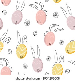 Seamless Easter background with decorative eggs and cute rabbits, Colorful Easter holiday background. Vector flat design illustration for invitations, prints, wrapping paper