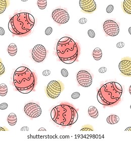 Seamless Easter background with decorative eggs and cute rabbits, Colorful Easter holiday background. Vector flat design illustration for invitations, prints, wrapping paper