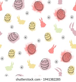 Seamless Easter background with decorative eggs and cute rabbits, Colorful Easter holiday background. Vector flat design illustration for invitations, prints, wrapping paper