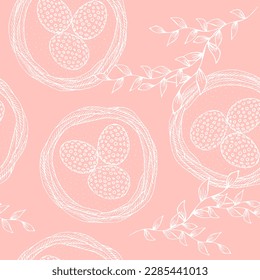 Seamless Easter background with eggs in the nest and floral elements. Easter eggs on a light peach background