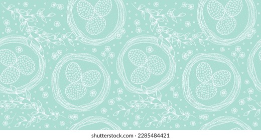 Seamless Easter background with eggs in the nest and floral elements. Easter eggs on a light blue background