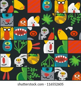 Seamless Easter background with monsters in cell. Vector pattern.