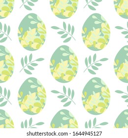 Seamless Easter background of multicolored eggs decorated with a floral pattern.Vector Hand drawn illustration in yellow and green colors.