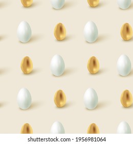Seamless Easter background with white and golden egg. Flat lay repeating festive background for greeting cards and web banners.