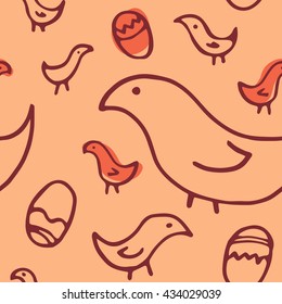Seamless Easter birds & colored eggs pattern. Simple graphic line art. Vector illustration / backdrop.