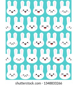 Seamless easter blue turquoise pattern with bunny. Rabbit emotions set. Funny cartoon emoji. Smiling and angry, sad and delight rabbit. Kawai flat vector illustration.