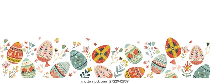 Borda perfeita da Páscoa de ovos texturizados desenhados à mão no estilo folclórico escandinavo Banner de vetor decorativo com textura de giz para cartões de saudação, pacotes de presentes, impressões de tecido festivo, design de papelaria