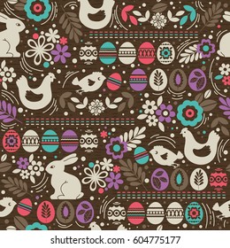 Seamless Easter brown pattern with color eggs, rabbit, flowers and hen, vector illustration.