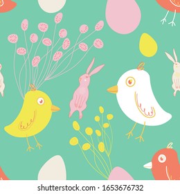 Seamless easter bunny chicken egg hand drawn pattern with beautiful spring flowers stock Vector illustration. Easter greeting card. For trendy fabric design textile wallpaper wrapping paper.