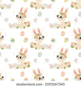 Seamless Easter Bunny and Eggs Pattern. Hand-Drawn Spring Digital Paper for DIY, Fabric, and Print Projects