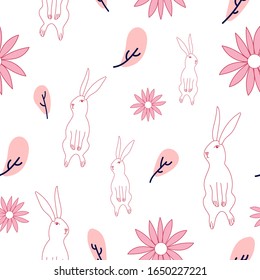 Seamless easter bunny hand drawn pattern with beautiful spring flowers stock Vector illustration. Easter greeting card. For trendy fabric design textile wallpaper wrapping paper.