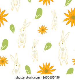 Diseño hecho a mano de conejito de Semana Santa sin inconvenientes con bellas flores primaverales Pieza vectorial.Tarjeta de felicitación de Pascua. Para el diseño de tejidos de moda papel pintado.