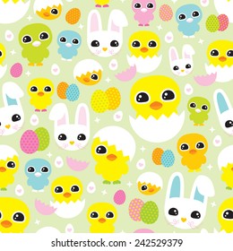 Seamless easter bunny and little yellow chicken egg illustration holiday background pattern in vector
