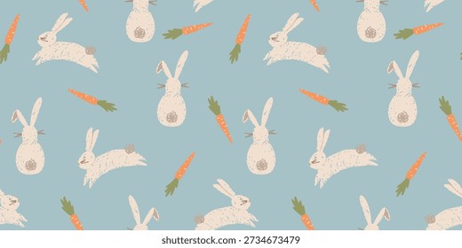 Seamless Easter Bunny Pattern with Carrots Hand Drawn