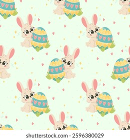 Seamless Easter Bunny Pattern, Cute Rabbits with Painted Eggs on Pastel Background