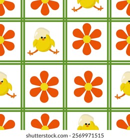 Seamless Easter checkered pattern with bright flowers and chickens for fabric, textile, scrapbook or wrapping paper vector illustration design