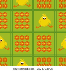 Seamless Easter checkered pattern with bright flowers and chickens in doodle style for fabric, textile, scrapbook or wrapping paper vector illustration design