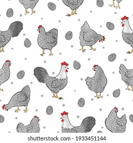 Seamless Easter chicken pattern with hens, roosters and eggs. Chicks vector illustration.