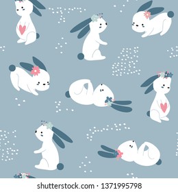 Seamless Easter childish pattern with cute rabbits. Creative spring kids texture for fabric, wrapping, textile, wallpaper, apparel. Vector illustration
