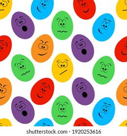 Seamless easter colorful eggs pattern on a white background. Funny faces.Vector in EPS 10