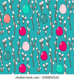 Seamless Easter colorful willow branch and egg pattern in vector