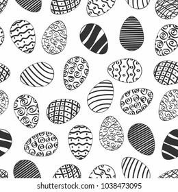 Seamless easter day egg pattern with hand drawn traditional christian black color eggs randomly falling on white background vector illustration