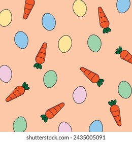 Seamless Easter Egg and Bunny Carrot Pattern. Pastel Pink, Yeallow, Green, Blue Clipart Vector Egg Pattern