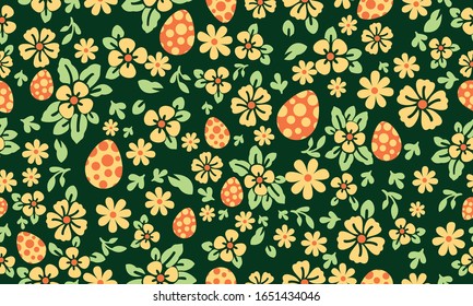 Seamless Easter egg pattern background, with leaf and floral cute design.