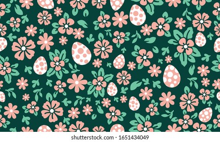 Seamless Easter egg pattern background, with leaf and floral cute design.