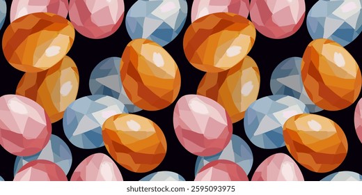 Seamless Easter egg pattern with gouache gemstone texture, bright colors on dark background, elegant spring holiday design, modern vector art for web decoration cards 