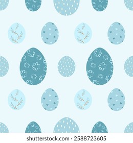 Seamless easter egg pattern in soft blue color. Vector illustration of infinitely repeating pattern.