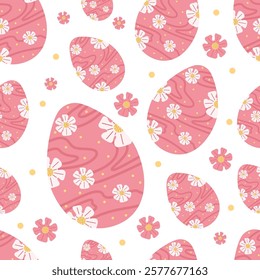 Seamless Easter eggs pattern adorned with delicate pink floral design on white isolated background. Cute symbolic eggs in traditional Easter - inspired concept. For holiday decor, gift paper, card.