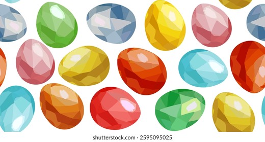 Seamless Easter eggs pattern with faceted gemstone texture, bright colors, Spring holiday design, Festive holiday vector background, Modern graphic art, colored gouache Easter eggs