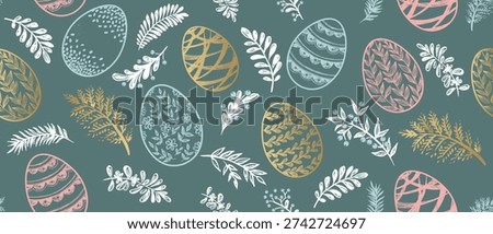 Seamless easter eggs pattern on green