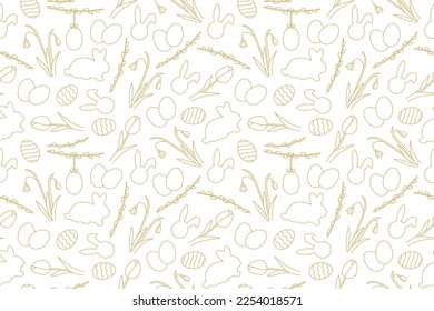 seamless Easter golden pattern with bunnies, tulips, snowdrops, willow catkins branches and eggs - vector illustration